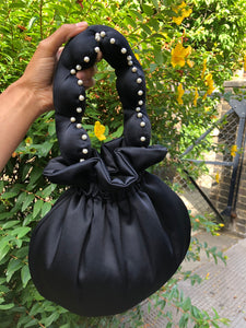 Black Satin Crepe Scallop Handle Bag