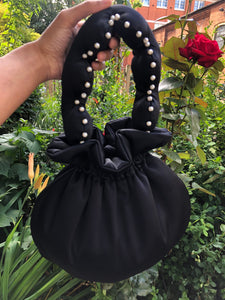 Black Satin Crepe Scallop Handle Bag