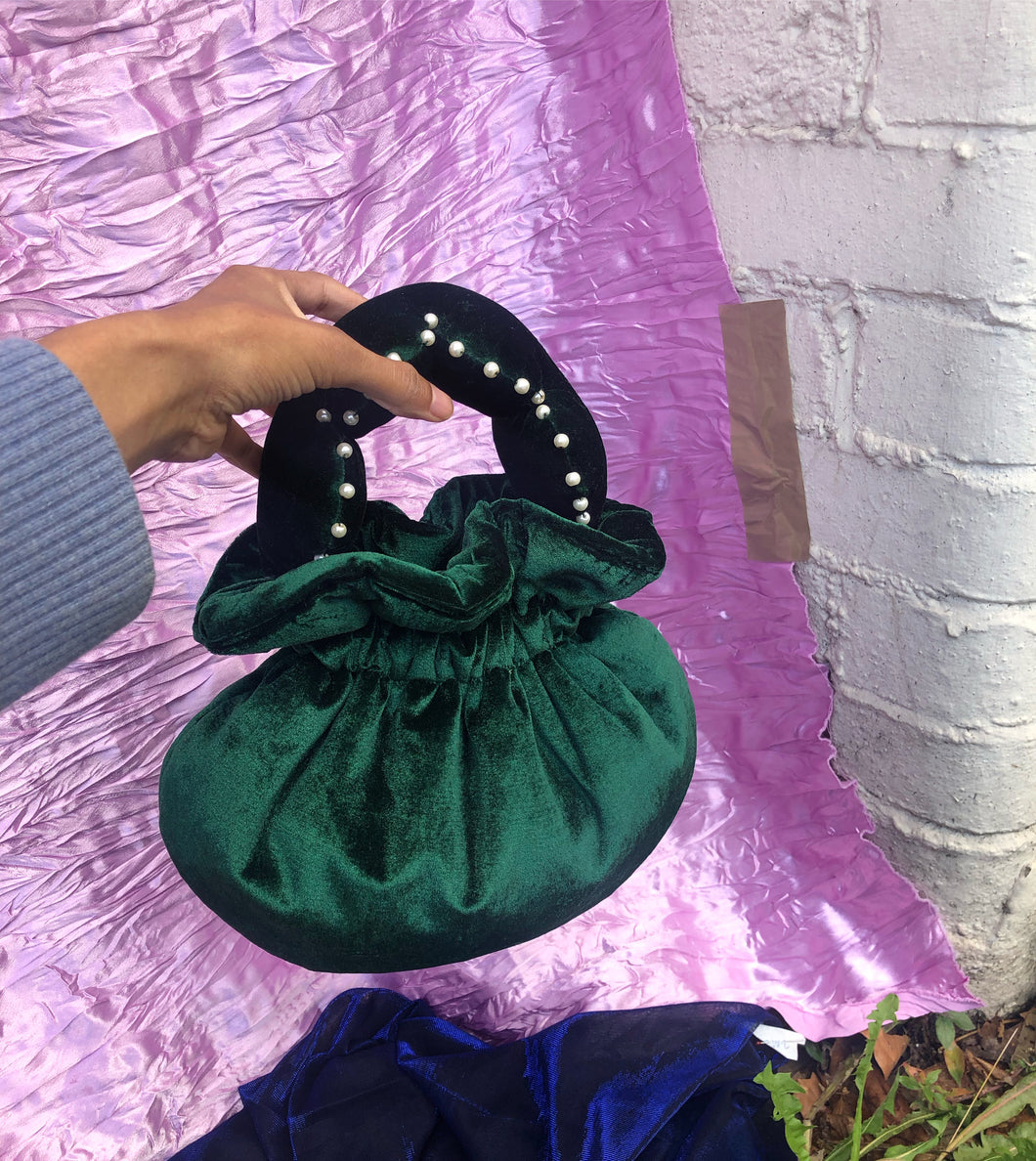 Mini Royal Green Velvet Scallop Handle Bag