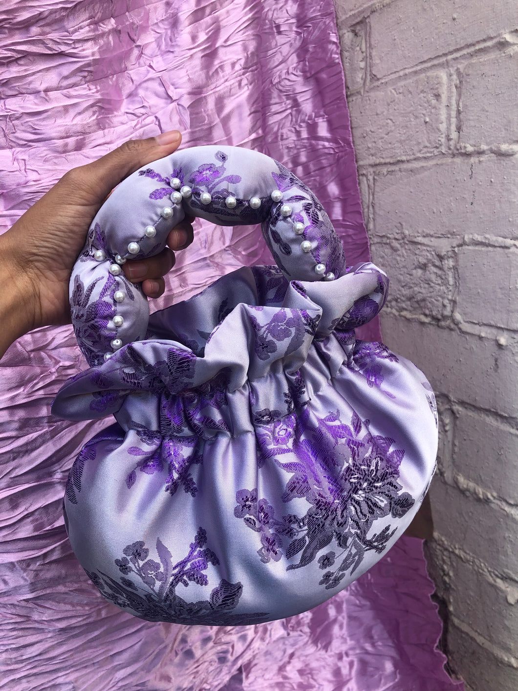 Mini Lilac Floral Brocade Scallop Handle Bag